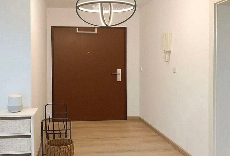 Modern hallway with light wooden flooring, a round ceiling light fixture, a closed wooden door, a small white side table with a lamp, a woven basket, and a black metal chair.