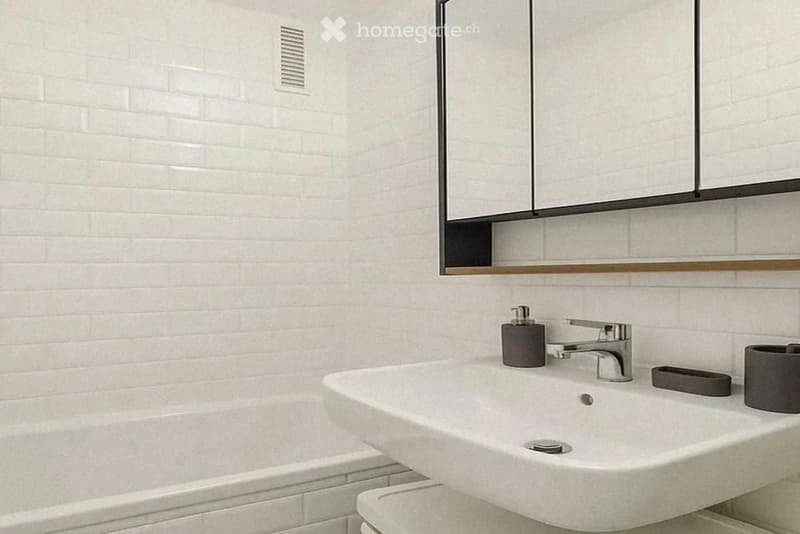 Modern bathroom with white tiled walls, a single sink with a chrome faucet, a large mirror with wooden trim, and a soap dispenser on the counter.