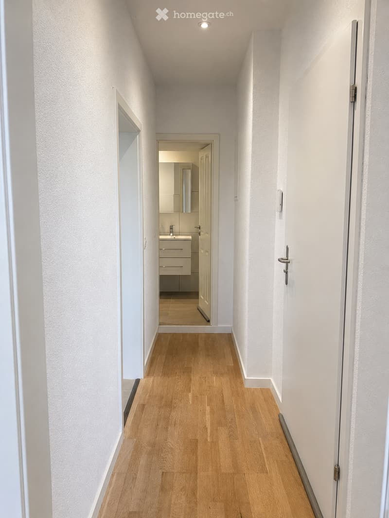 A narrow hallway with light wooden flooring and white walls, leading to a small bathroom with a sink and mirror.
