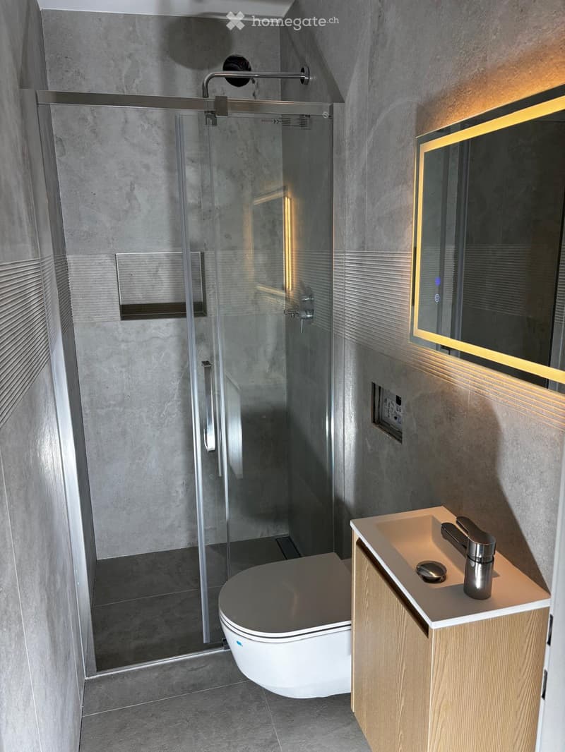 Modern bathroom with a sleek, grey concrete-style wall finish, a corner shower with a glass enclosure, a floating vanity with a modern sink and faucet, and a wall-mounted mirror with integrated lighting.