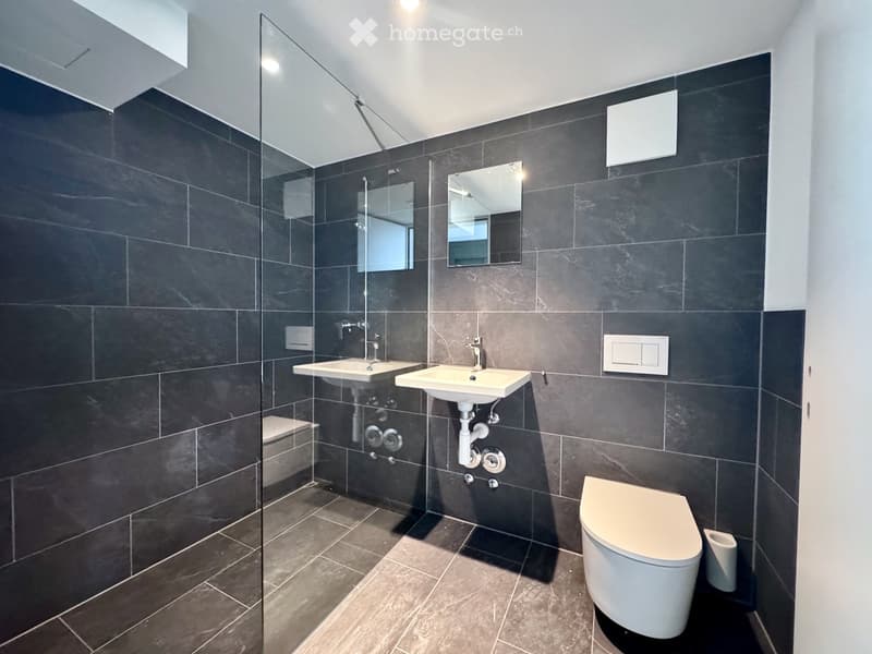 Modern bathroom with dark tiled walls, two sinks, a toilet, and a large mirror above the sinks.