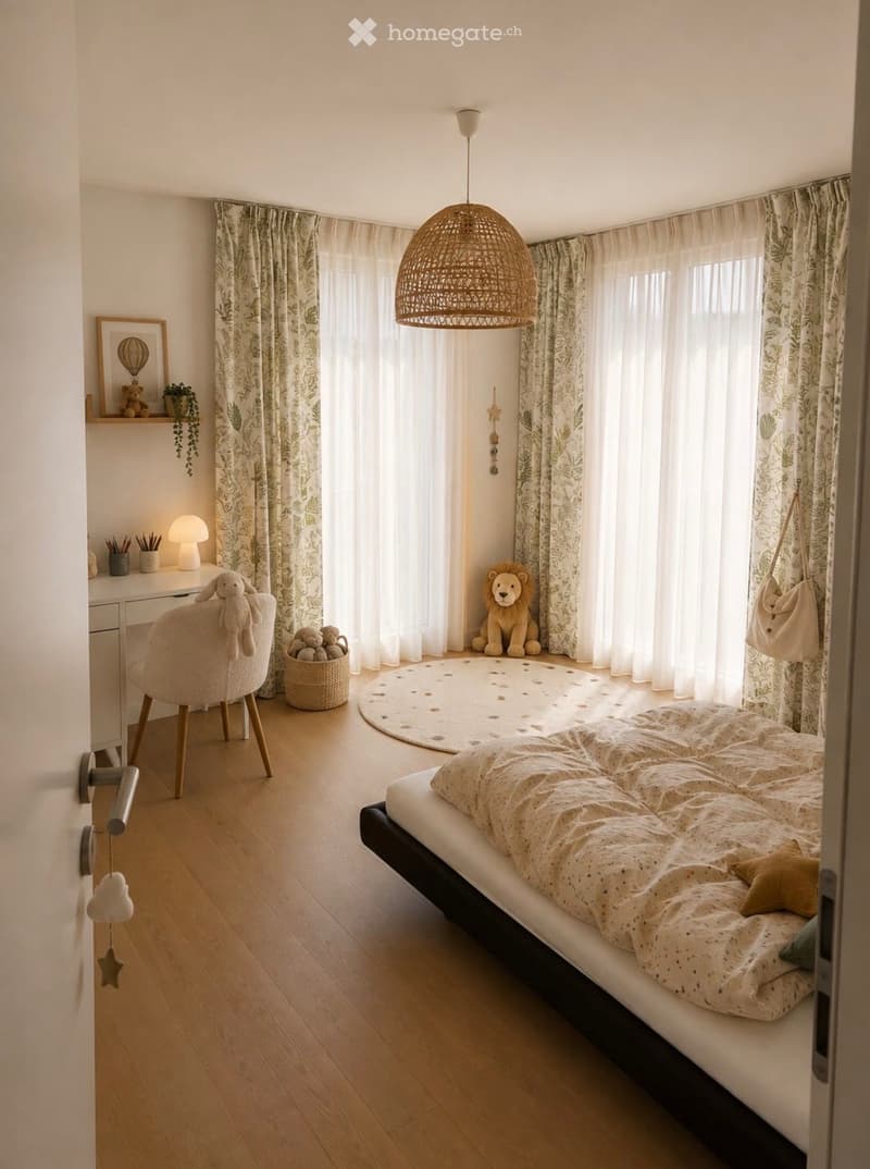 A cozy, well-lit bedroom with a bed, a round rug, a hanging woven lamp, a small desk with a lamp, and decorative items including toys and a picture frame.