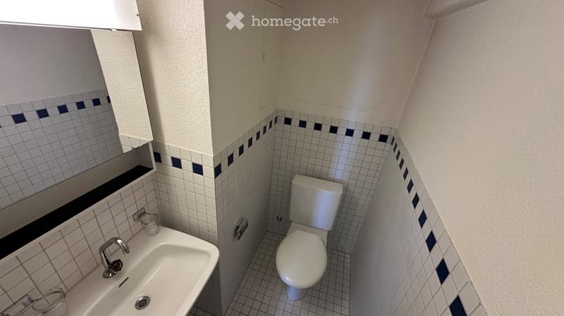 Small bathroom with white tiles, a sink, a toilet, a mirror, and a cabinet. The walls are painted white with a blue and white tile border near the floor.