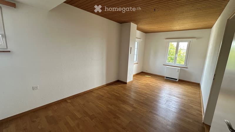 Empty room with wooden flooring, white walls, and two windows. A small radiator is visible near one window.