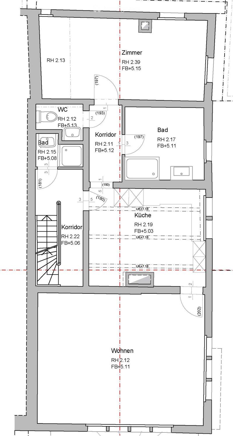 Floor plan showing a living area, kitchen, two bathrooms, two bedrooms, and two corridors.