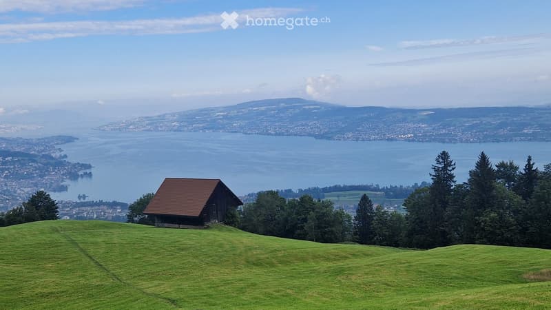 Hill with a small house, overlooking a lake and mountain range.