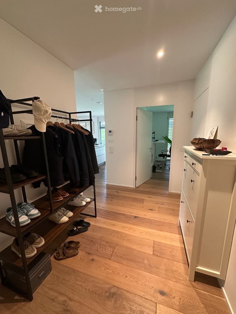entrance hall with wooden floor, rack with clothing and shoes, closet, white walls, light