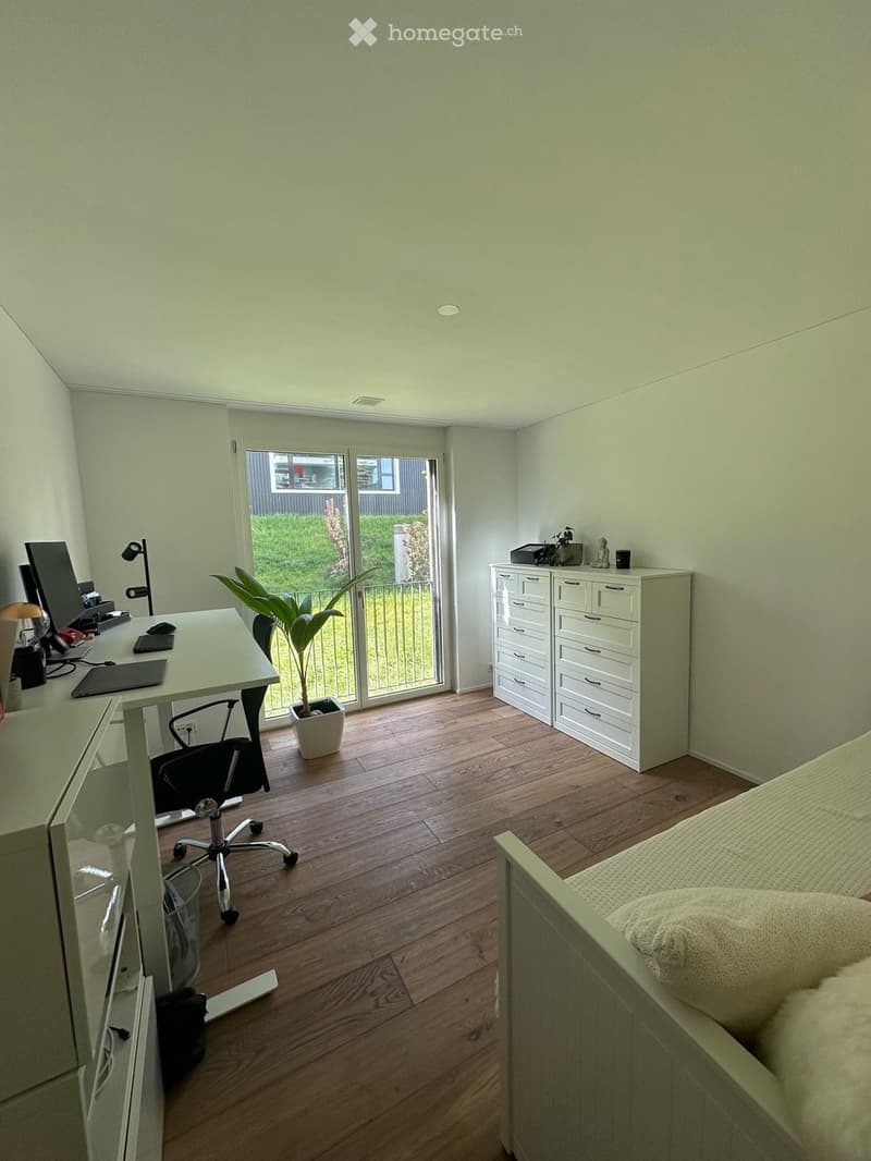Minimalistic design, wooden floor, large glass door with balcony access, modern desk setup, white storage units, indoor plant, daylight illumination