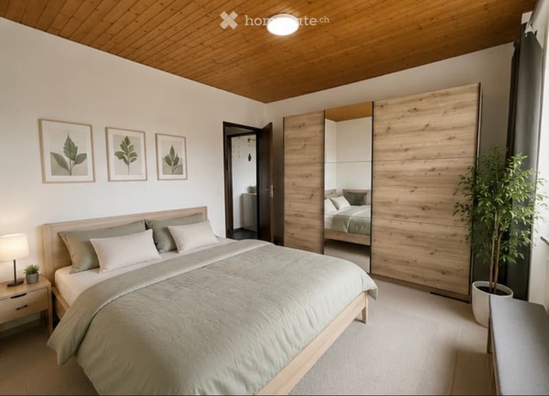 Modern bedroom with a wooden bed, nightstand, lamp, large mirror, and wardrobe. Features a potted plant and decorative picture frames on the wall.