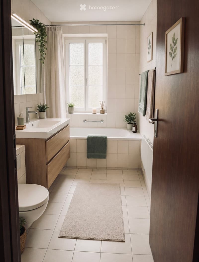 Modern bathroom with a bathtub, sink, toilet, and towel. Features a large window with a plant on the windowsill, a mirror, and decorative items on the counter.