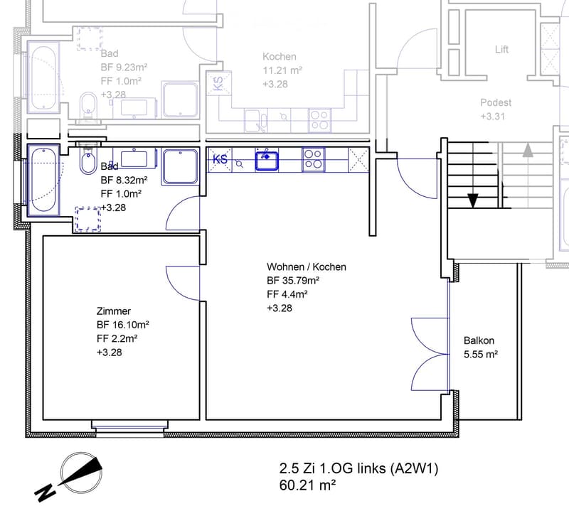 Floor plan of a 2.5-room apartment on the first floor, including a living/kitchen area, bedroom, two bathrooms, and a balcony.
