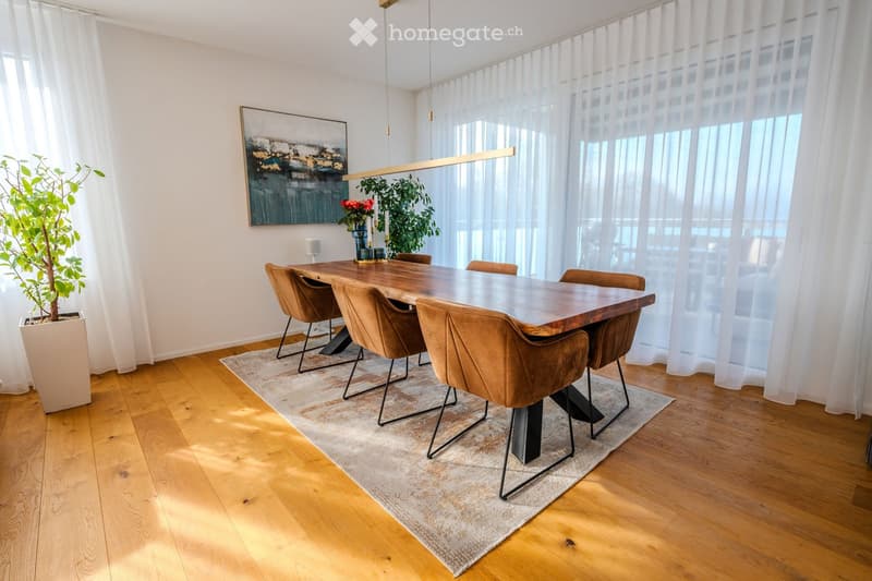 Wooden dining table, wooden floor, brown velvet chairs, large white curtains, potted plants, artwork, white lighting fixture.