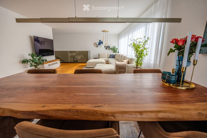 large wooden dining table, chairs, sofa, flatscreen tv, decorations, plants