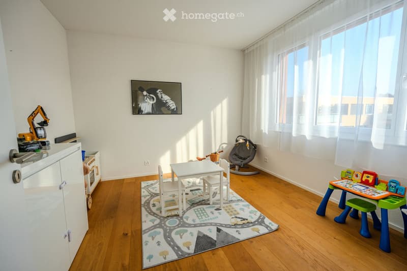 children's room, white table and chairs, toy table, white floor, white walls, children's toys, rug, large window