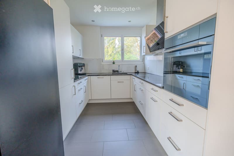 Open-plan modern kitchen, white cabinets, granite countertops, integrated appliances, stainless steel sink, overhead cabinets, natural light