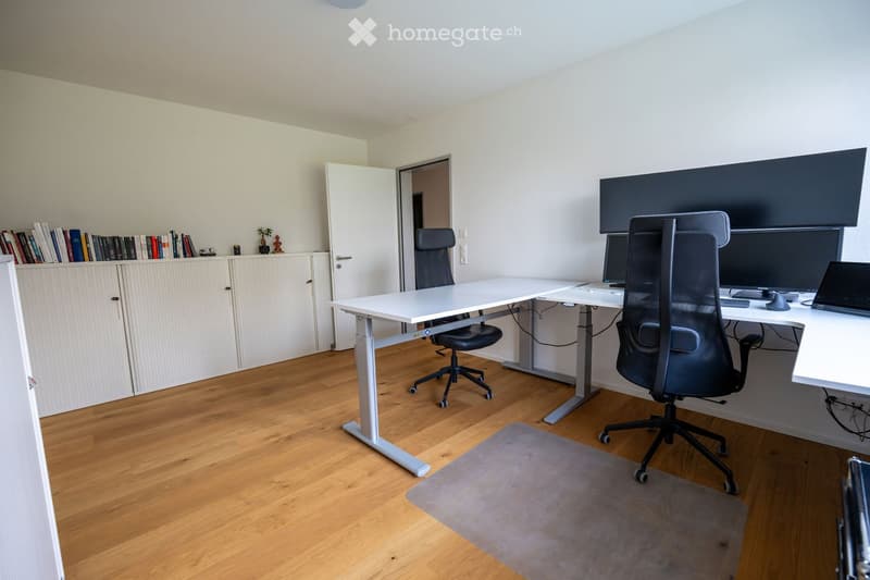 A room with two standing desks, chairs, computers, cabinet, and carpet