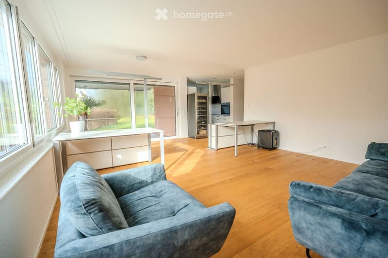 Large windows, hardwood floors, contemporary furniture, open kitchen, modern appliances, plants