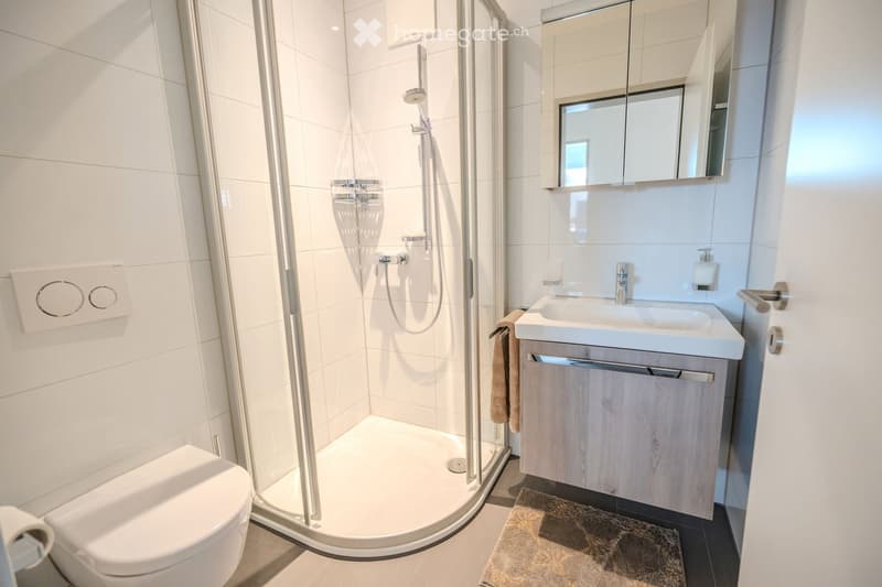 shower, toilet, sink, mirror, towels