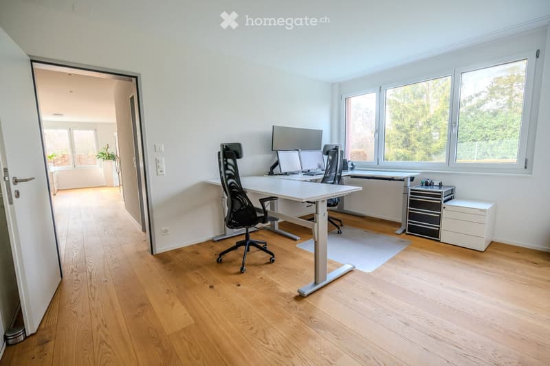 modern office setup with two desks, two chairs, monitors, and a filing cabinet