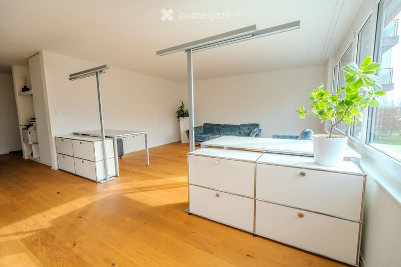 Empty room with desk, cabinet, sofa, plant, window, hardwood floor, white walls