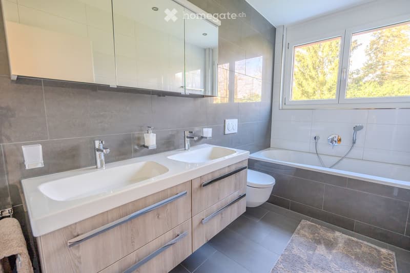 modern bathroom, double sink, bathtub, toilet, mirrors, and a rug
