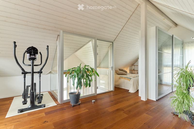 A modern, well-lit room with wooden flooring and white paneled walls. Features an exercise bike, a large potted plant, and a visible bedroom area with a bed and nightstand.