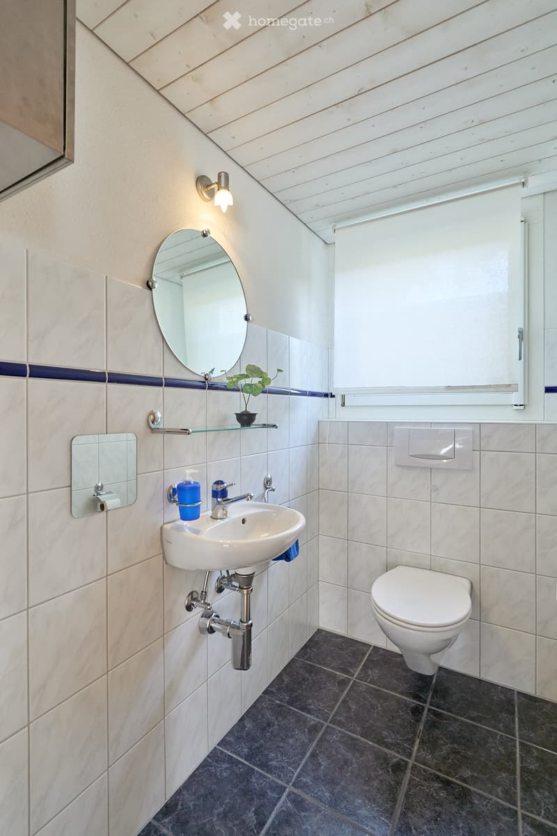 Modern bathroom with white tiles, a sink, toilet, mirrors, and a small plant on a shelf.