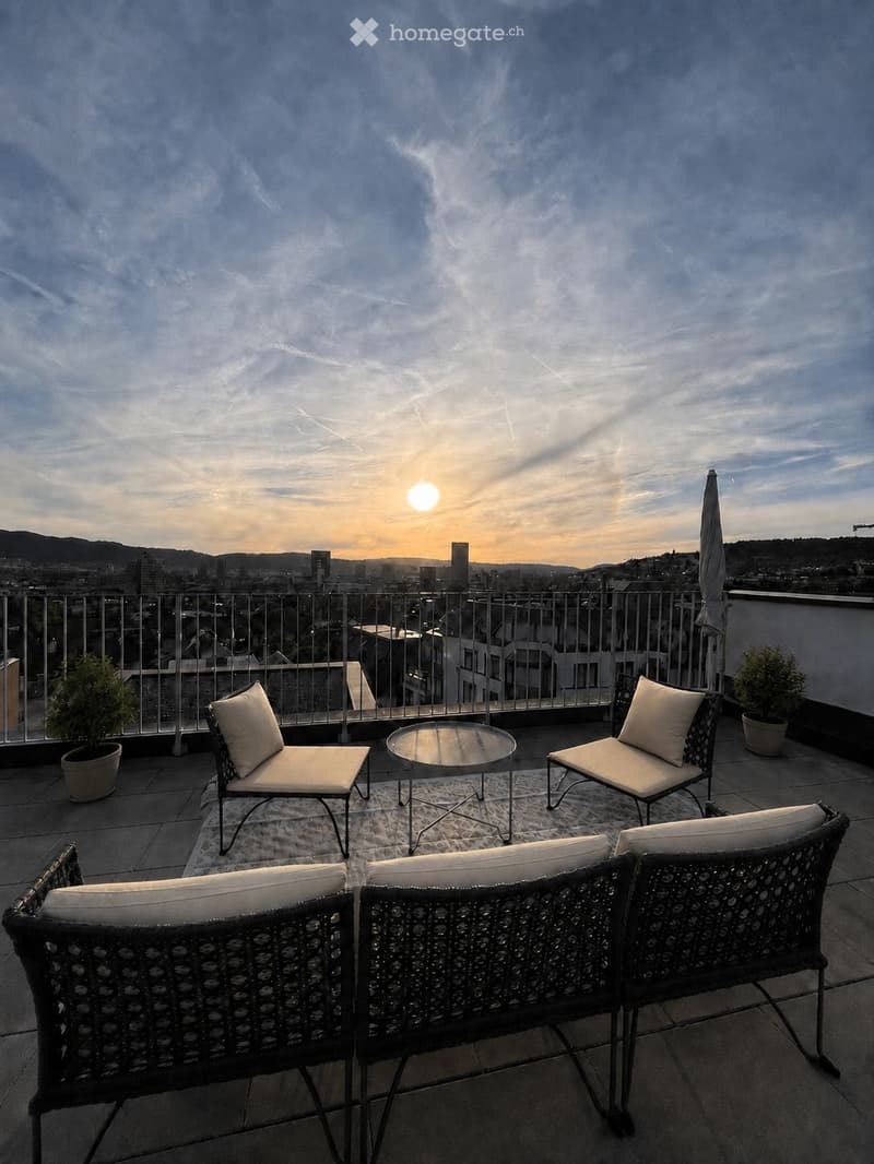 A rooftop terrace with a cityscape view, featuring a sofa, chairs, a small table, and potted plants.