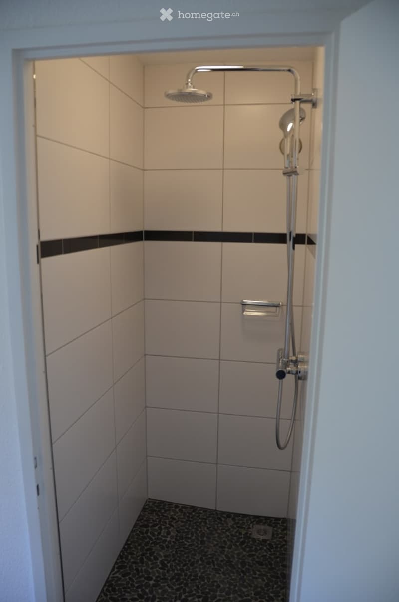 Modern shower area with white tiles, black accent strip, and a dark patterned floor.
