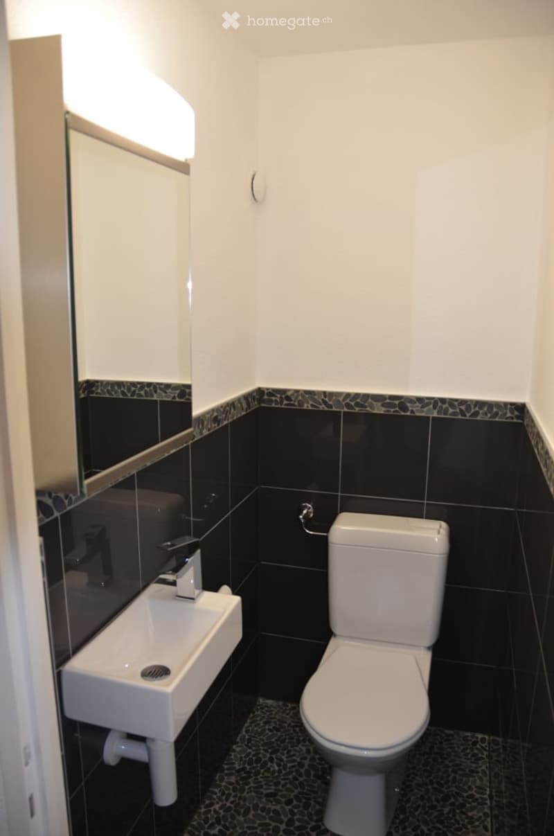 Modern bathroom with black tiled walls, white sink, toilet, and a large mirror with built-in lighting.
