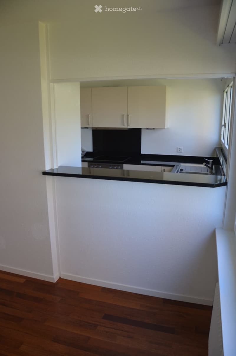 Modern kitchen with white cabinets, black countertops, and stainless steel appliances. Features a central island with a black countertop and a wooden floor.