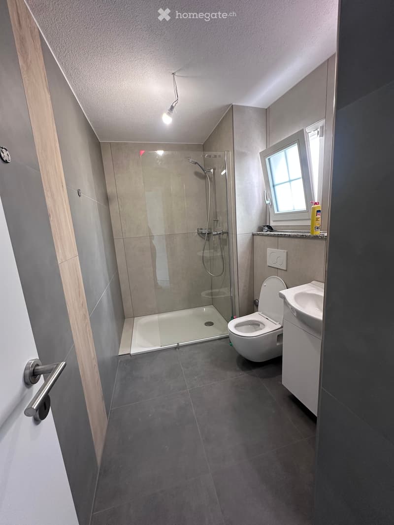 Modern bathroom with a glass-enclosed shower, toilet, sink, and a small window providing natural light.
