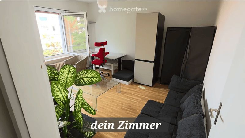 Modern living room with a dark grey sofa, red chair, small table, and a large leafy plant near the window offering a view.