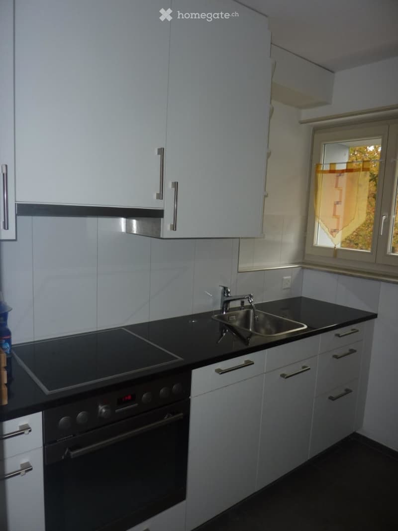 Modern kitchen with white cabinets, black countertops, built-in oven, and stainless steel sink.