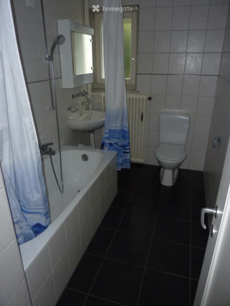 Bathroom with a bathtub, toilet, sink, mirror, and radiator. The space features white tiles and a dark tiled floor.