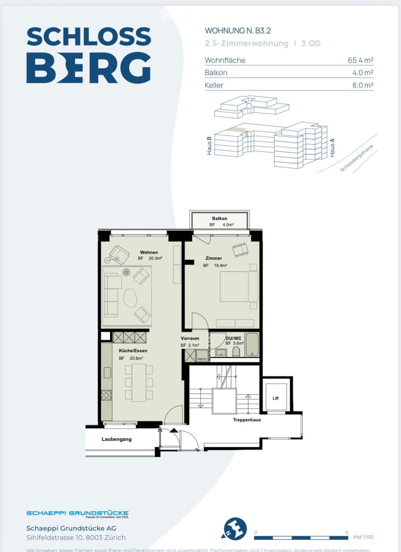 Floor plan of a 2.5-room apartment on the 3rd floor, including living room, bedroom, kitchen/dining area, hallway, bathroom, and balcony.