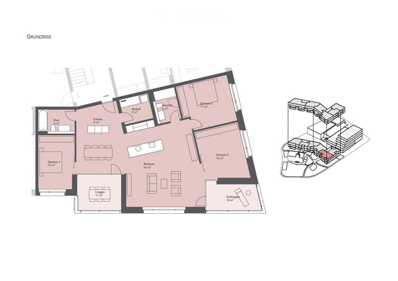 Floor plan of a residential unit featuring a living area, three bedrooms, a bathroom, a kitchen, a loggia, and an entrance area.