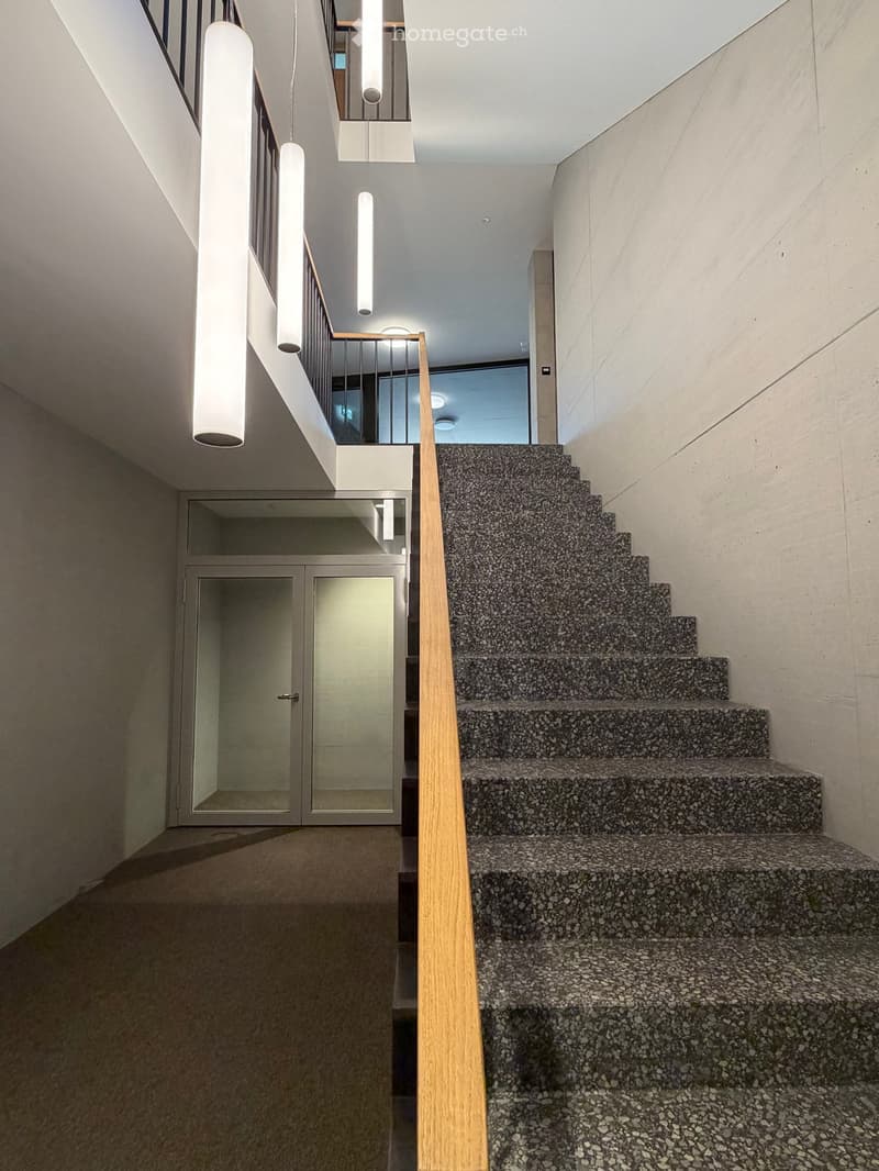 Modern hallway with a staircase featuring a textured, speckled stone pattern, wooden handrail, and sleek cylindrical pendant lights. A glass door is visible at the end of the hallway.