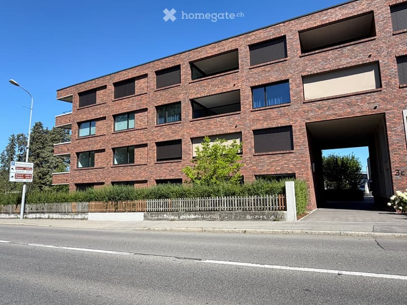 Modern multi-story brick building with large windows and balconies, featuring a small garden area in front.