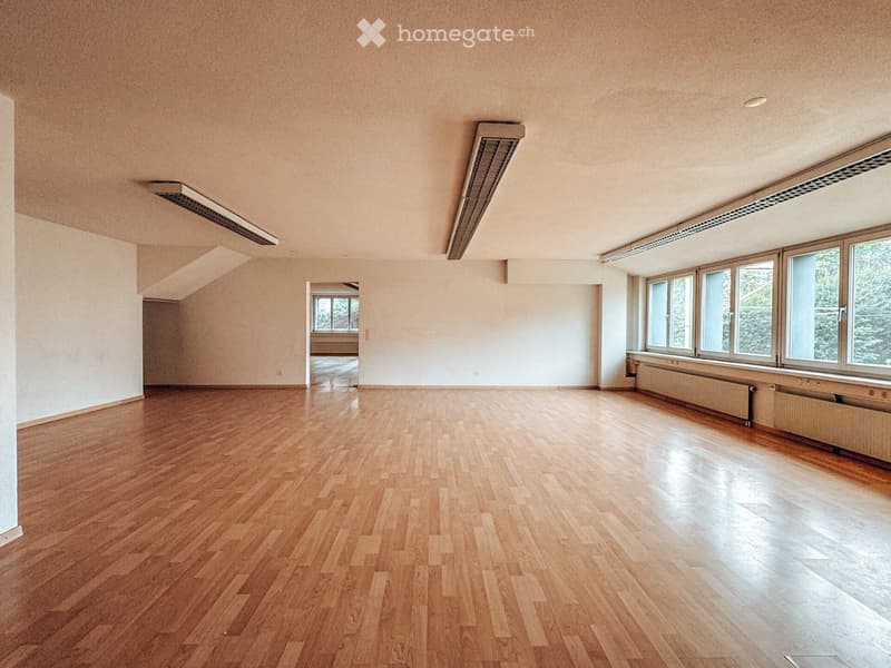 Empty room with wooden flooring, large windows, and visible radiators. No furniture or equipment present.