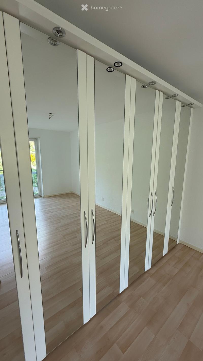 A clean, modern hallway with light-colored wooden flooring and white built-in closet doors with silver handles. The ceiling features recessed lighting, and the walls are painted a soft, neutral color.