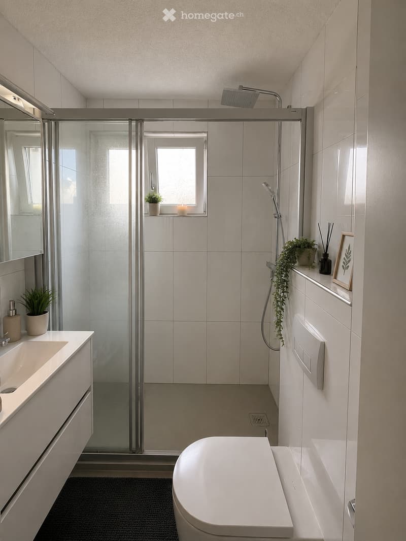 Modern bathroom with a bathtub, sink, mirror, glass-enclosed shower, and decorative plants and candles on the windowsill.