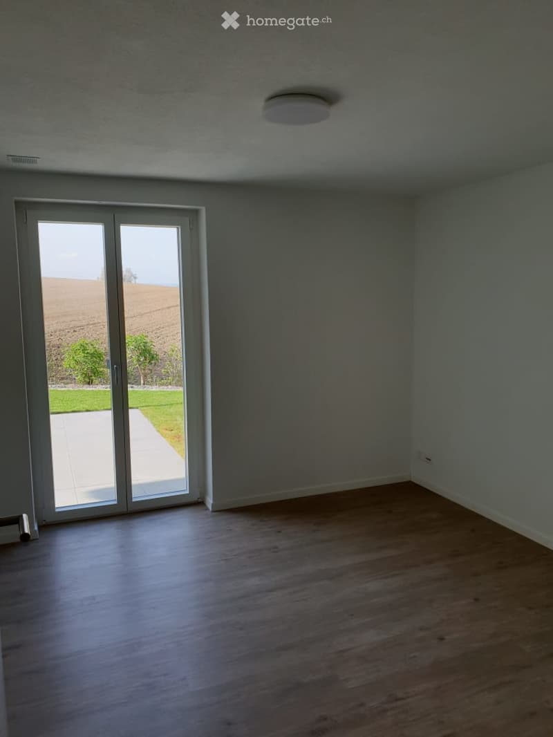 Empty room with wooden flooring, large sliding glass doors leading to an outdoor area, and a ceiling light fixture.