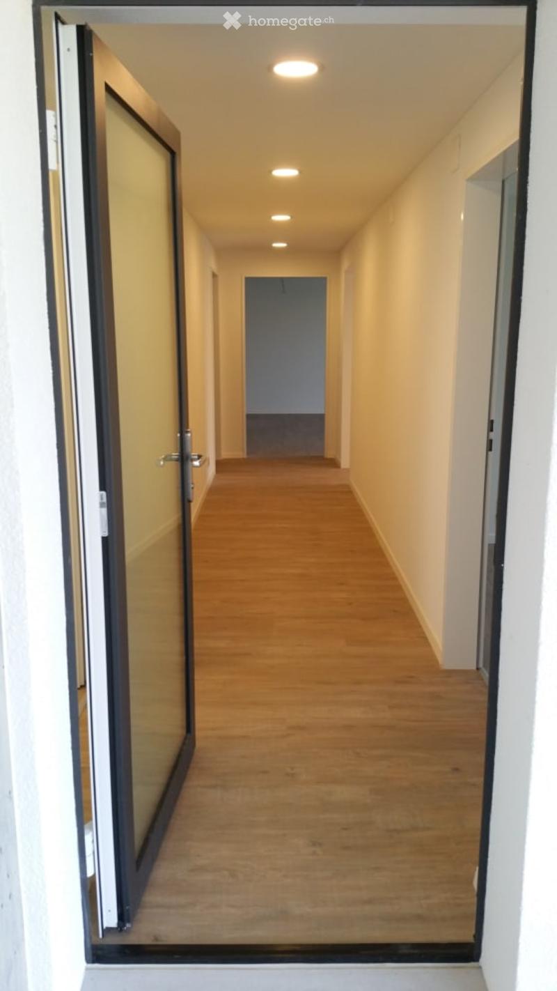 Empty hallway with wooden flooring, light-colored walls, and recessed ceiling lights. A glass-paneled door is visible on the left side.
