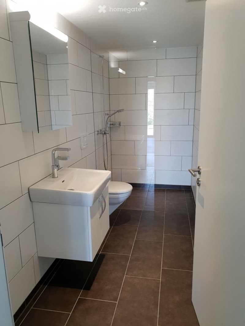 Modern bathroom with white tiles, a white sink, toilet, mirror, and a shower area with a glass door.