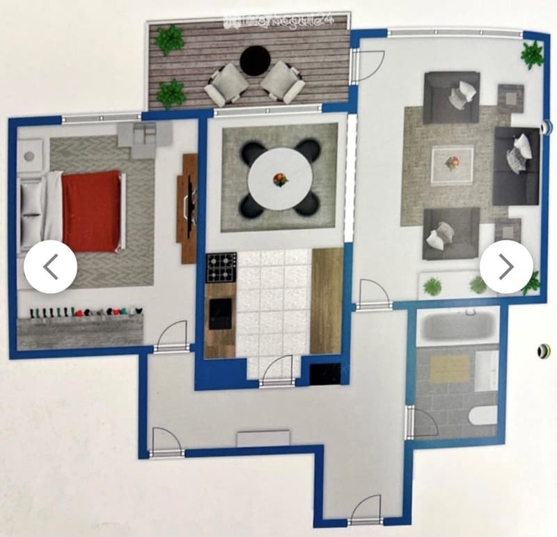 Floor plan of a modern apartment featuring a living room, dining area, kitchen, bedroom, and bathroom. Includes a balcony with seating area.