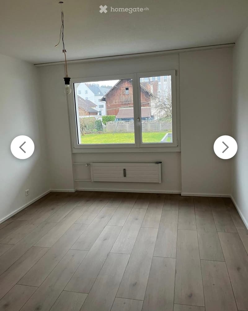 Empty room with light wooden flooring, white walls, large window with view of greenery, radiator, and a single light fixture hanging from the ceiling.