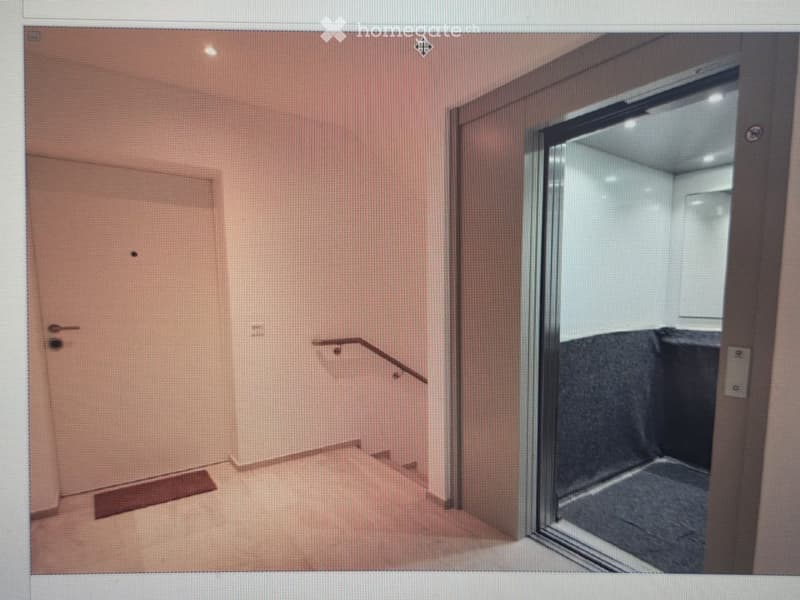 Modern hallway with light pink walls, a wooden door, and a glass-enclosed elevator. The hallway features a sleek, contemporary design with a polished floor and minimalistic decor.