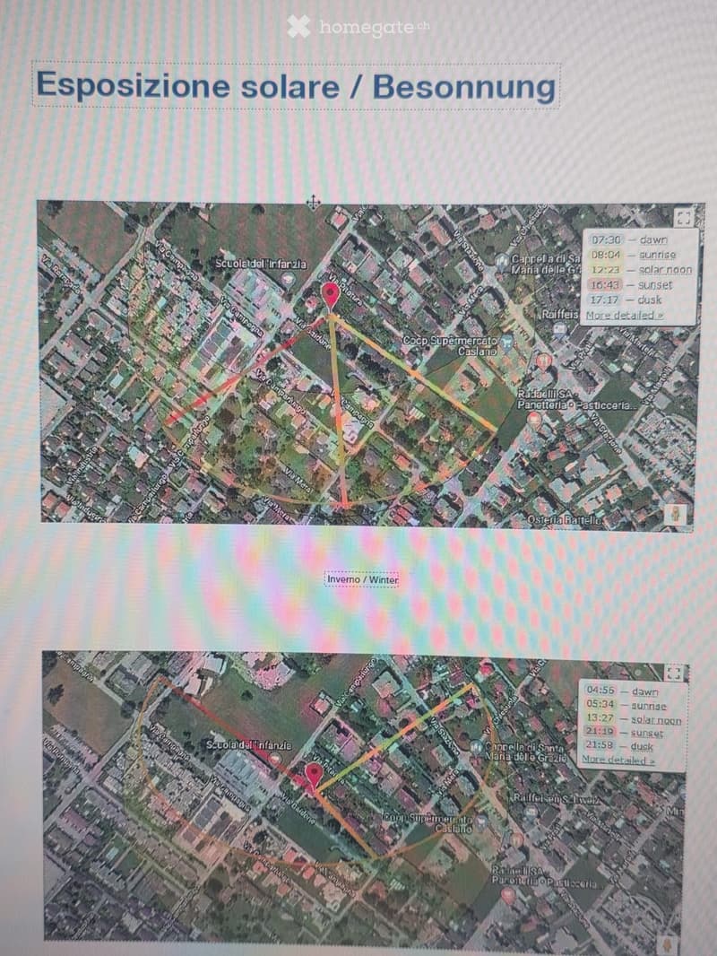 Two maps showing solar exposure and seasonal sun paths for a property, with labeled streets, landmarks, and sun angles at different times of day and year.