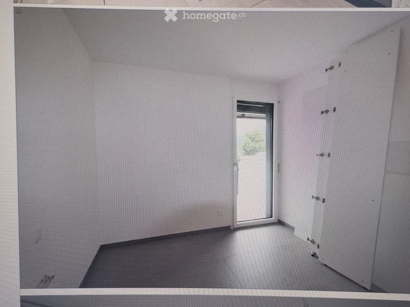 Empty room with light grey walls and a grey carpeted floor, featuring a single window with a view of greenery outside.
